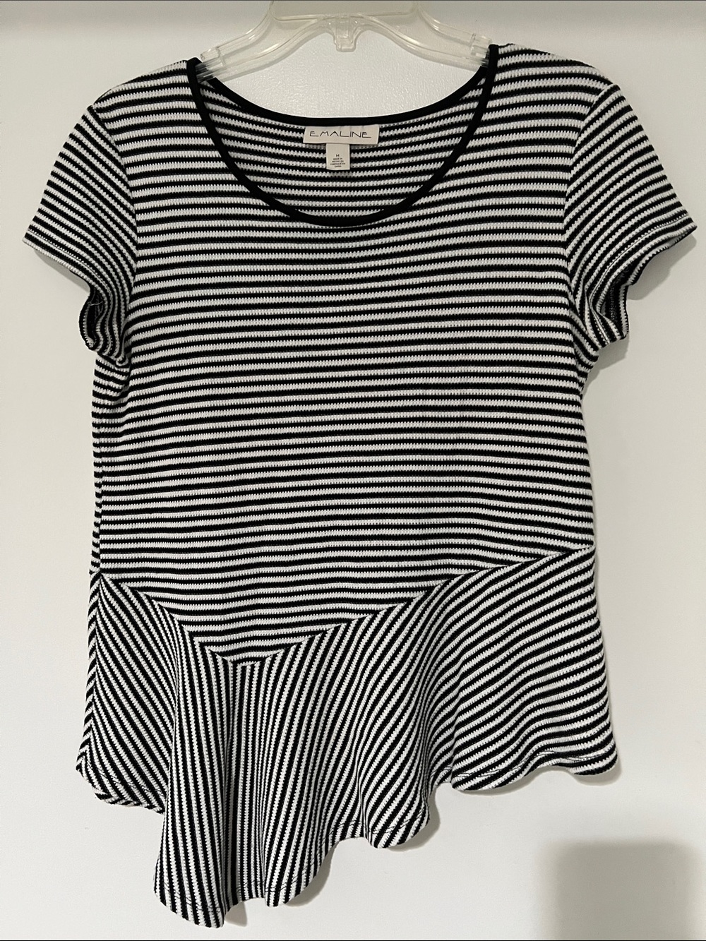 Emaline Black and White Striped Short Sleeve Asymmetrical Peplum Top Size Medium